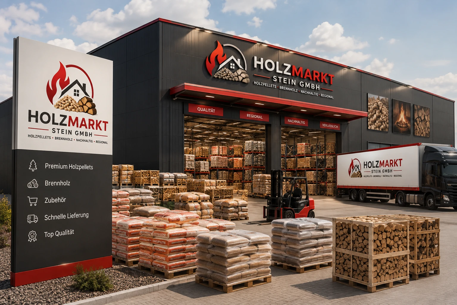 Sortiments- und Logistikdarstellung von Holzmarkt Stein GmbH mit Holzpellets und Brennholz